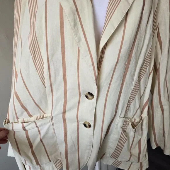 ModCloth Opportunity Linen/Viscose Blazer Cream Striped Front Pockets Light 1X - Picture 7 of 11